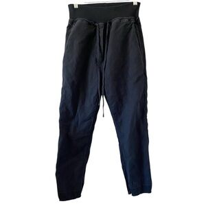 KES NYC Black Cotton Linen Elastic Waistband Raw Hem Pants